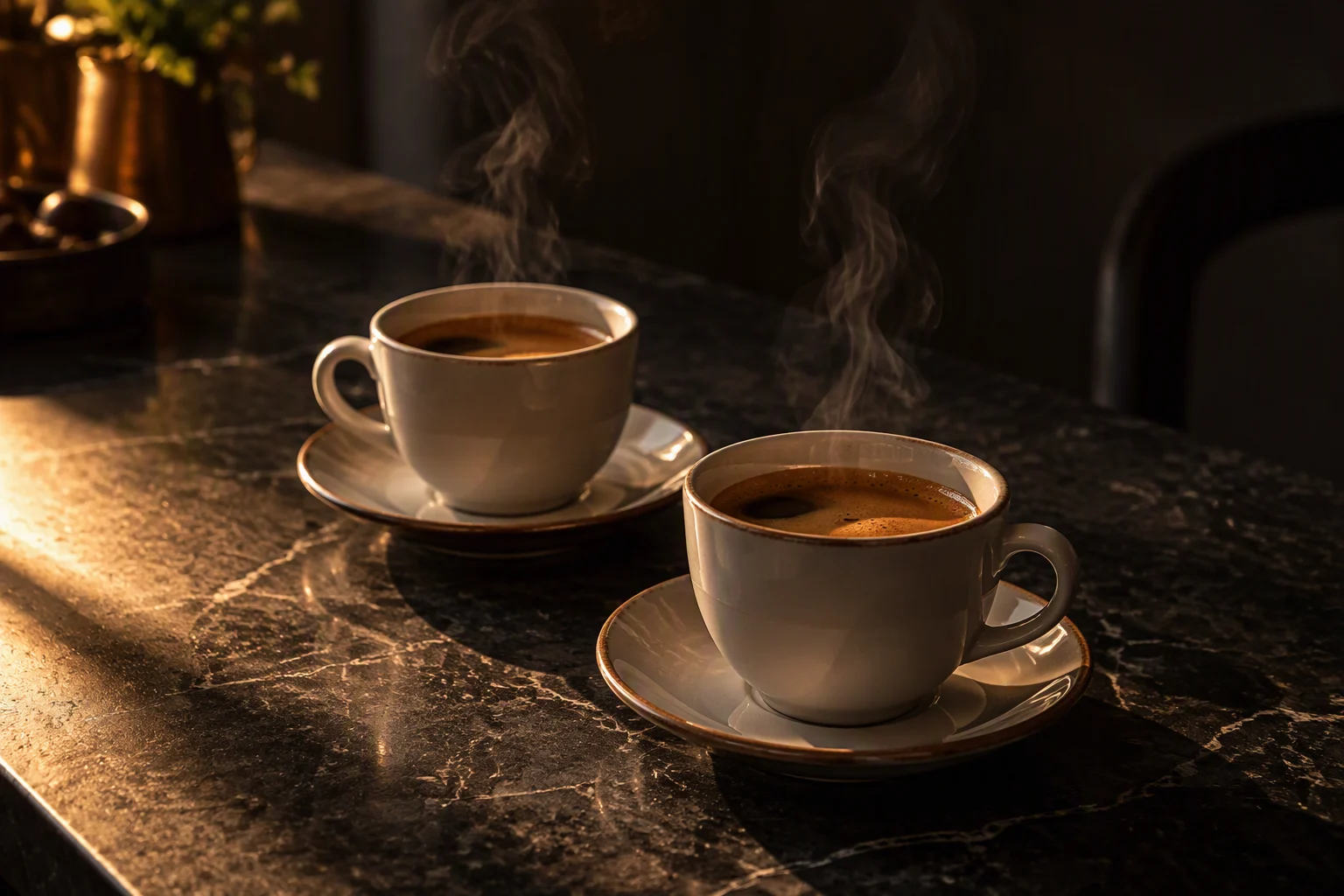Due tazzine di caffè fumanti su un tavolo di marmo scuro