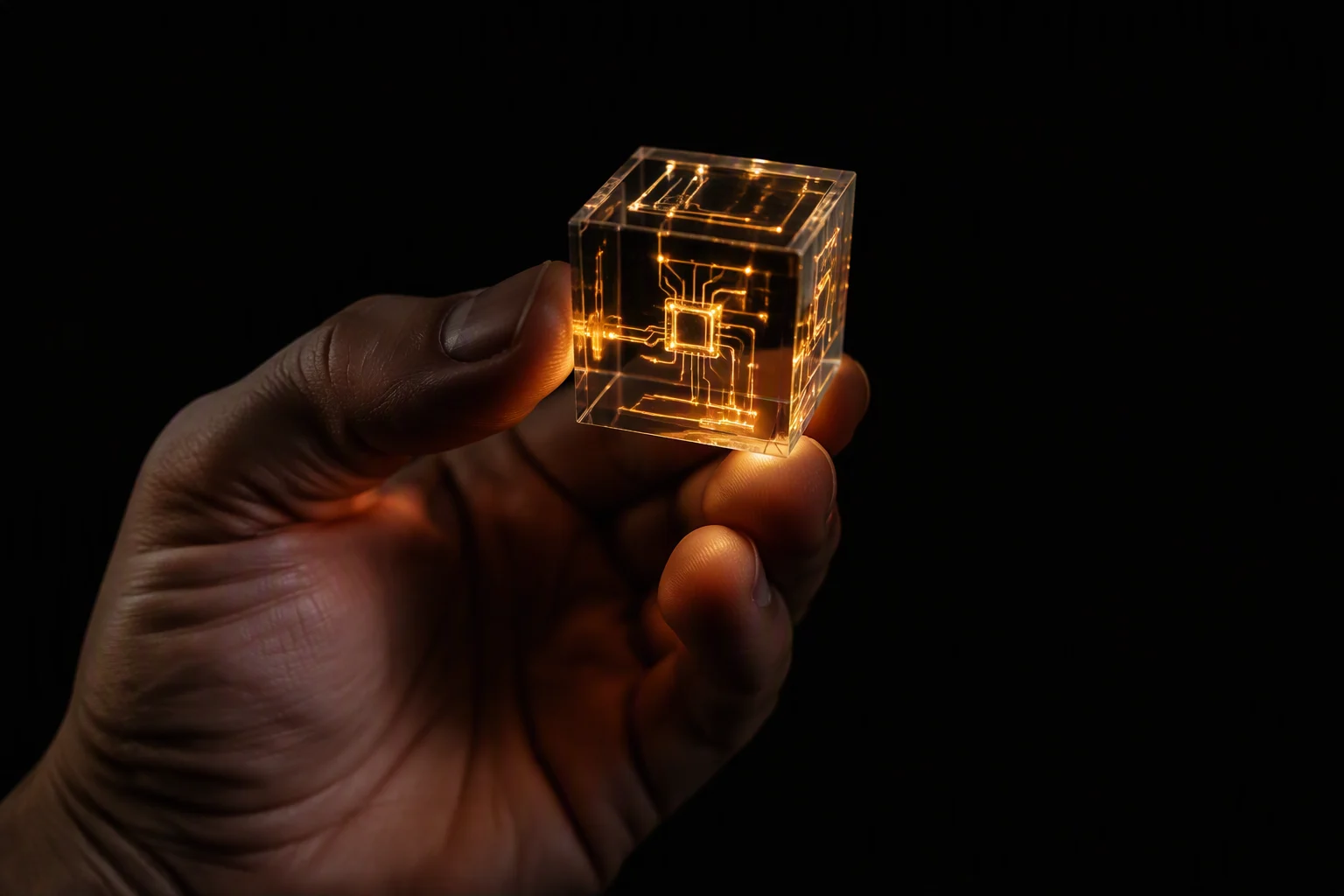 Una mano tiene un cubo di vetro con un circuito luminoso all'interno