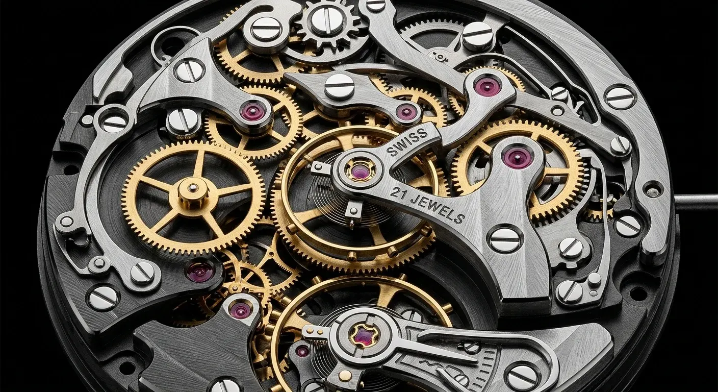 Il meccanismo di un orologio aperto, con ingranaggi dorati che lavorano insieme